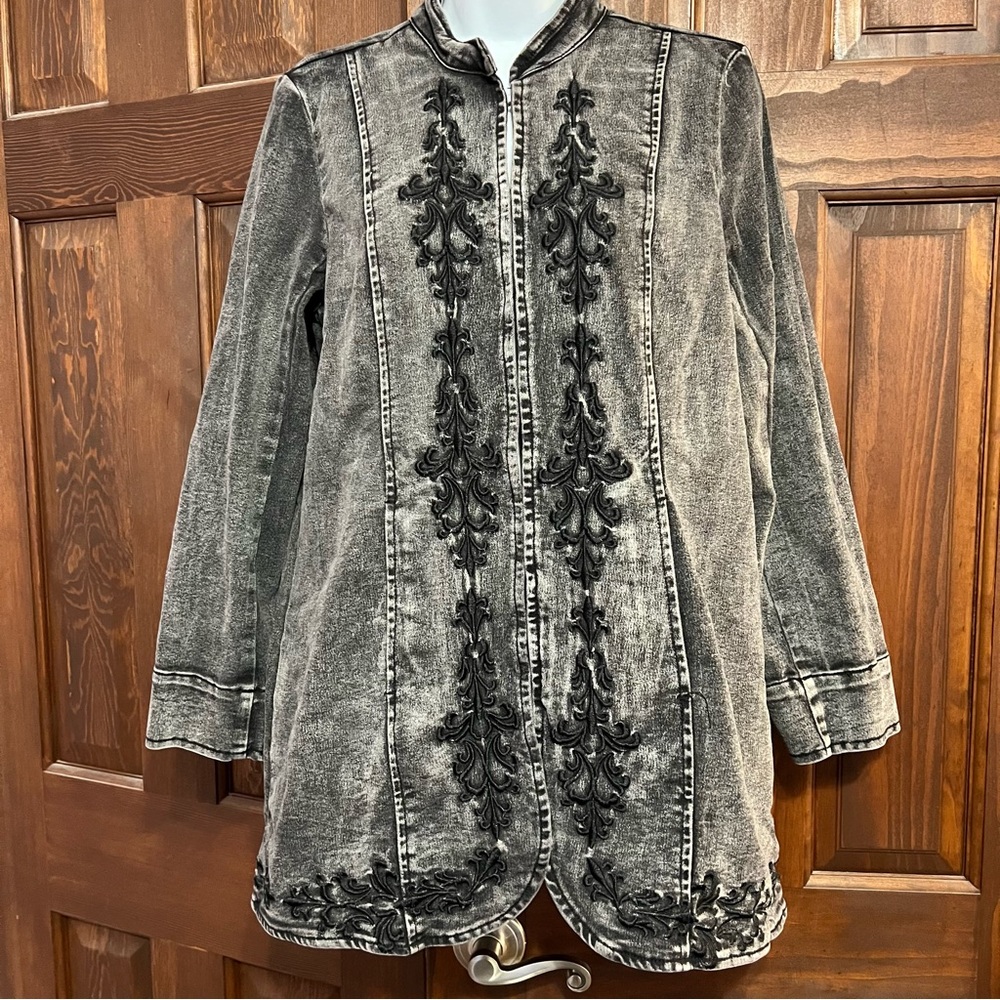 Soft Surroundings Charcoal Embroidered Tunic Military Denim Jacket Black Washed - Picture 3 of 16